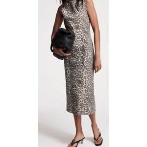 Mint Velvet Leopard Print Denim Midi Dress Sleeveless Sheath Brown Tan US 10